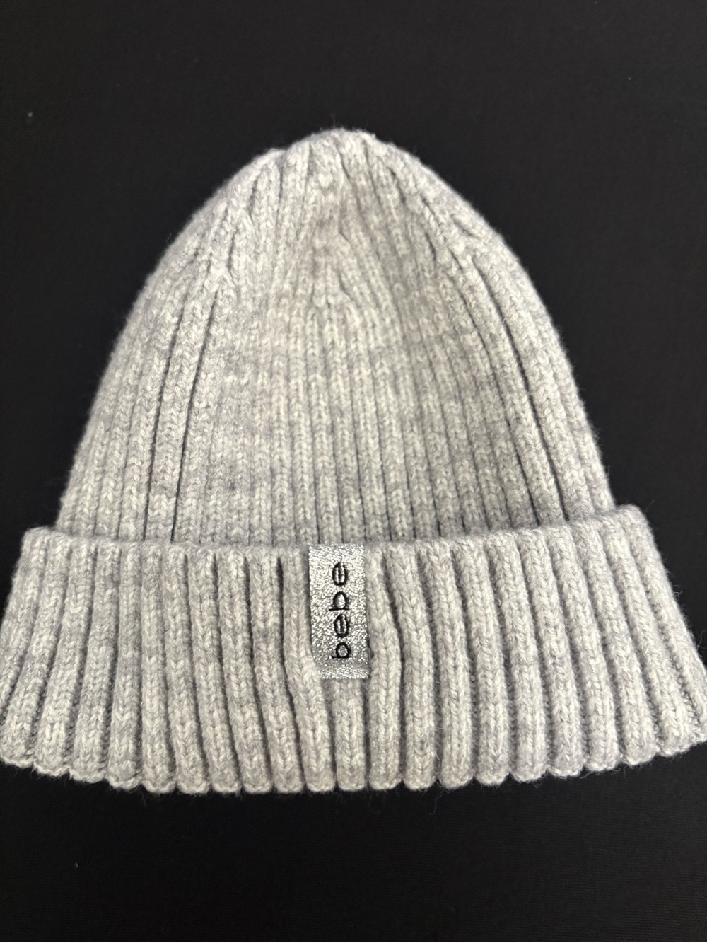 bebe Ribbed Knit Beanie Hat in Light Gray